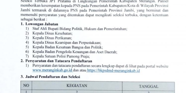 Pendaftaran Seleksi Terbuka Jabatan Pimpinan Tinggi Pratama Essellon II Kabupaten Merangin Yang Kosong Resmi Dibuka