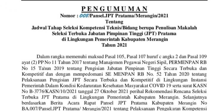 27 Peserta Tes Lelang JPT Essellon II Merangin Dinyatakan Lolos ke Tahap Berikutnya, Ini Nama-Namanya