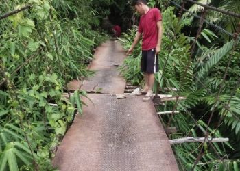 Lantai Jembatan Gantung Desa Sungai Ulak Berlubang, Warga Khawatirkan Keselamatan Jiwanya