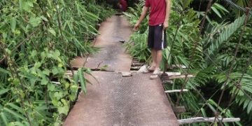 Lantai Jembatan Gantung Desa Sungai Ulak Berlubang, Warga Khawatirkan Keselamatan Jiwanya