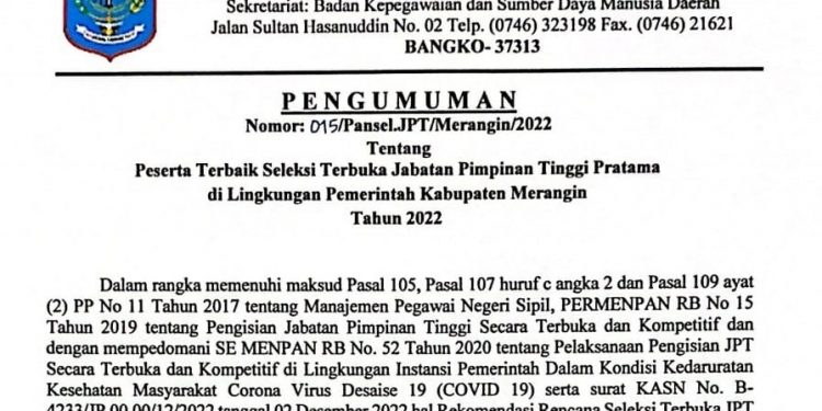 Ini Nama-Nama 3  Peserta  Terbaik Seleksi Terbuka Jabatan Pimpinan Tinggi Pratama Merangin 2022 di 5 Formasi