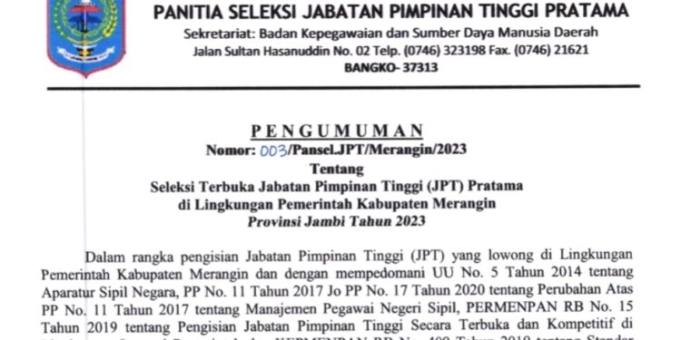 Seleksi Terbuka Jabatan Pimpinan Tinggi Pratama Essellon II Kabupaten Merangin Yang Kosong Resmi Dibuka