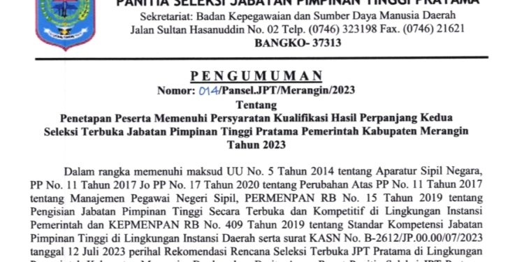 Perpanjangan Kedua Pendaftaran JPT Essellon II di Kabupaten Merangin Resmi Ditutup, Ada 2 Fornasi Tidak Terpenuhi 