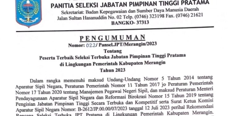 Ini Nama-Nama 21 Peserta Terbaik dari 7 Formasi Seleksi Akhir JPT Essellon II di Kabupaten Merangin Tahun 2023