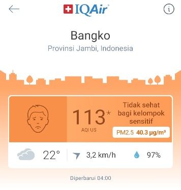 Diguyur Hujan, Index Kualitas Udara di Bangko Kabupaten Merangin Turun diangka 113