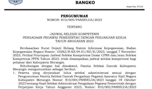 Panselda Penerimaan Calon Pegawai ASN PPPK Merangin Umumkan Jadwal dan Lokasi Seleksi Kompetensi