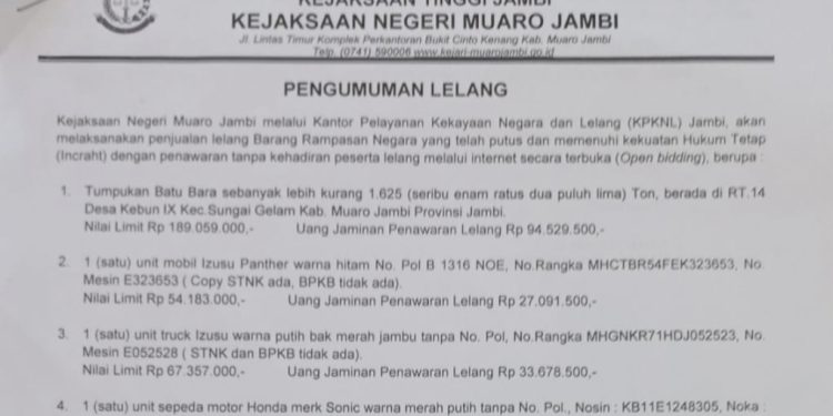 Kejari Muaro Jambi Akan Lelang 1.625 Ton Batubara dan Barang Bukti Rampasan Lainya, Ini Jadwalnya