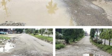 Belum diperbaiki, Jalan Rusak Berlubang di dalam Kota Bangko Kabupaten Merangin di taruh Ember dan Ban Bekas