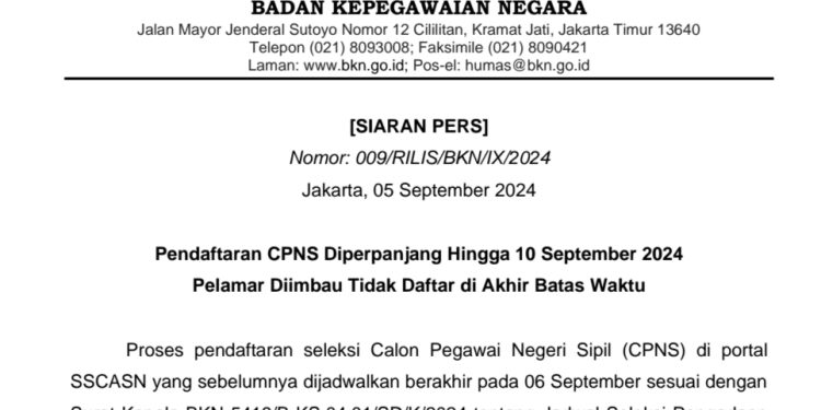 Pendaftaran CPNS Diperpanjang Hingga 10 September 2024