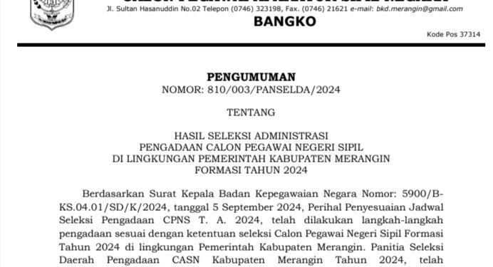 Panselda Penerimaan CPNS Merangin 2024 Umumkan Hasil Seleksi Administrasi, 3.968 Menenuhi Syarat dan 2.872 Tidak Memenuhi Syarat