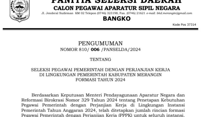 Panselda Seleksi PPPK Kabupaten Merangin 2024 Umumkan Formasi dan Syarat-Syarat bagi Pelamar