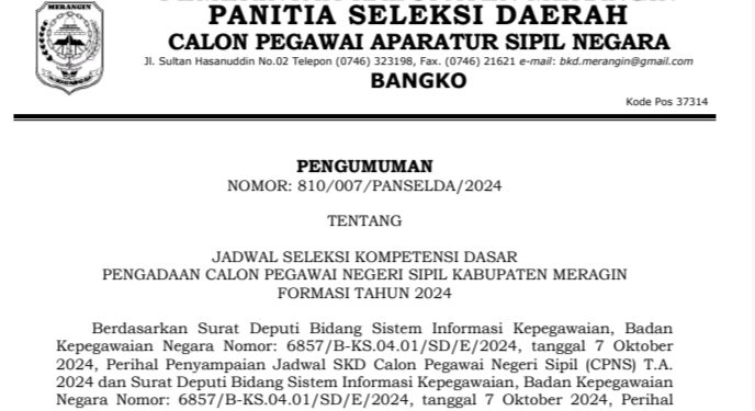 Panselda Penerimaan CPNS Merangin 2024 Umumkan Jadwal Seleksi Kompetensi Dasar