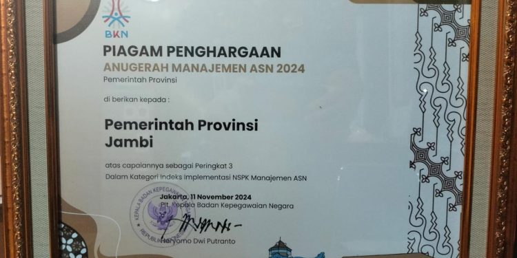 Provinsi Jambi Raih 2 Penghargaan Peringkat 3 Nasional Anugerah Manajemen ASN 2024