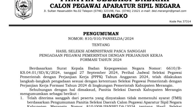 Panselda Penerimaan PPPK Merangin 2024 Tahap I Umumkan Hasil Seleksi Administrasi Pasca Sanggah 