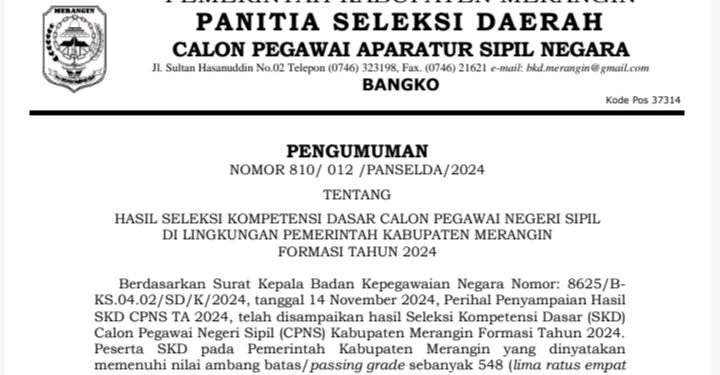 Panselda Penerimaan CPNS Merangin 2024 Umumkan Hasil Seleksi Kompetensi Dasar
