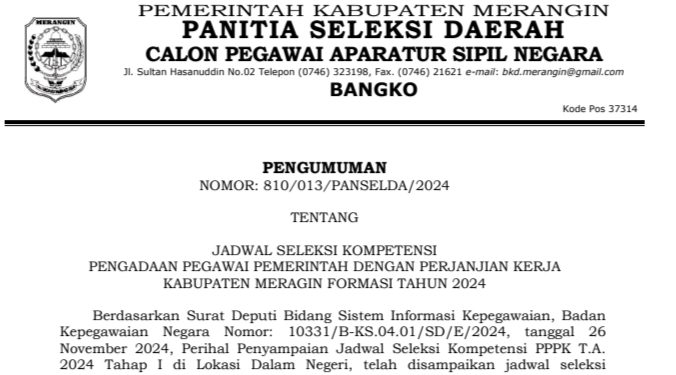 Panselda Penerimaan PPPK Merangin 2024 Tahap I Umumkan Jadwal Pelaksanaan Kompetensi mulai 5-15 Desember 2024