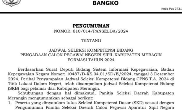 Panselda Penerimaan CPNS Merangin 2024 Umumkan Jadwal Seleksi Kompetensi Bidang