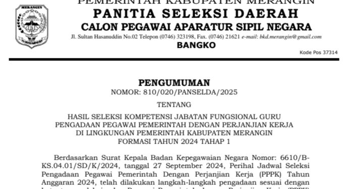 Panselda Seleksi PPPK Tahap I Kabupaten Merangin Umumkan Hasil Kompetensi Jabatan Fungsional Guru