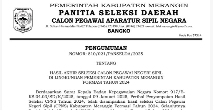 Panselda Umumkan 252 Peserta Lulus Seleksi CPNS Kabupaten Merangin 2024, Masa sanggah sampai 15 Januari 2025