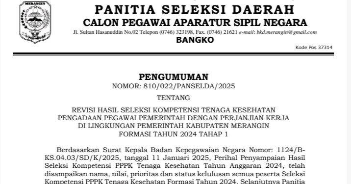 Peserta Seleksi PPPK Tahap I Tenaga Kesehatan Merangin 2024 ada Perubahan Peringkat Nilai, Ini Penyebabnya