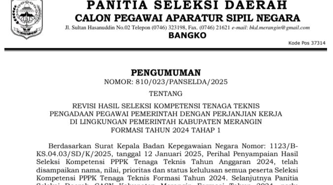 Panselda Penerimaan Seleksi PPPK Tahap I Tenaga Teknis Merangin 2024 Umumkan Perubahan Peringkat Nilai