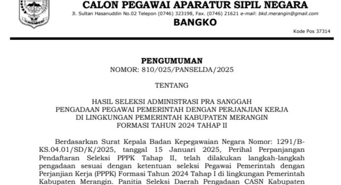 Panselda PPPK Tahap II Kabupaten  Merangin Umumkan Hasil Seleksi Administrasi Pra Sanggah