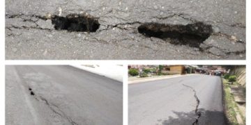 Jalan Lintas Sumatera di Tikungan Bukit Tiung Kabupaten Merangin Selain Penurunan Tanah Juga Mulai Berlubang