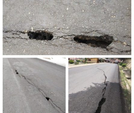 Jalan Lintas Sumatera di Tikungan Bukit Tiung Kabupaten Merangin Selain Penurunan Tanah Juga Mulai Berlubang