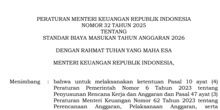 Kemenkeu Tetapan Peraturan Menteri Nomor 32 Tahun 2025 tentang Standar Biaya Masukan Tahun Anggaran 2026