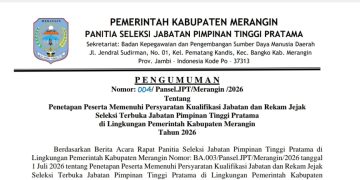 Pansel Seleksi JPT 3 Eselon Dua Merangin 2026 Umumkan Penetapan Peserta Memenuhi Persyaratan Kualifikasi Jabatan dan Rekam Jejak, Ini Nama-Namanya