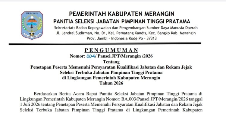 Pansel Seleksi JPT 3 Eselon Dua Merangin 2026 Umumkan Penetapan Peserta Memenuhi Persyaratan Kualifikasi Jabatan dan Rekam Jejak, Ini Nama-Namanya