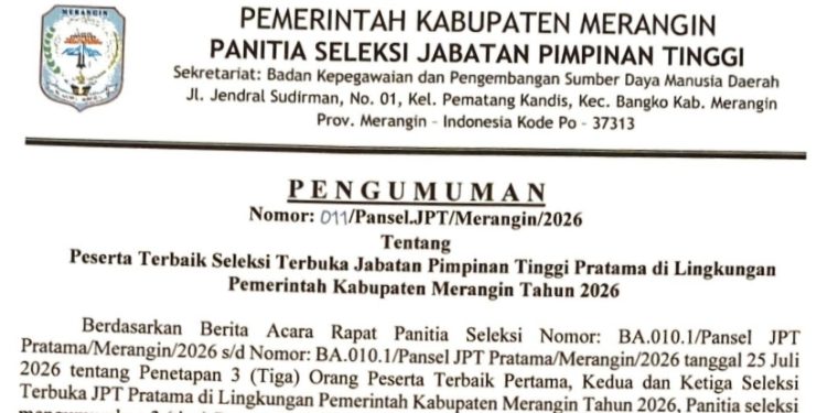 Pansel Seleksi JPT 3 Eselon Dua Merangin 2026 Umumkan 3 orang Peserta Terbaik Setiap Lowongan Jabatan, Ini Nama-Namanya
