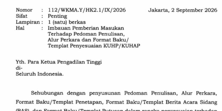 MA Terbitkan Imbauan ke Seluruh KPT Terkait Masukan Pedoman Penulisan Alur Perkara dan Format Baku/Templat Penyesuaian KUHP-KUHAP